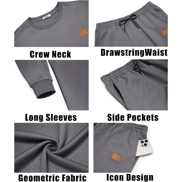 Men's 2 Piece Sweat suit Jogging Suit Set Long Sleeve Jacquard Shirt Dark Grey - Picture 6 of 6